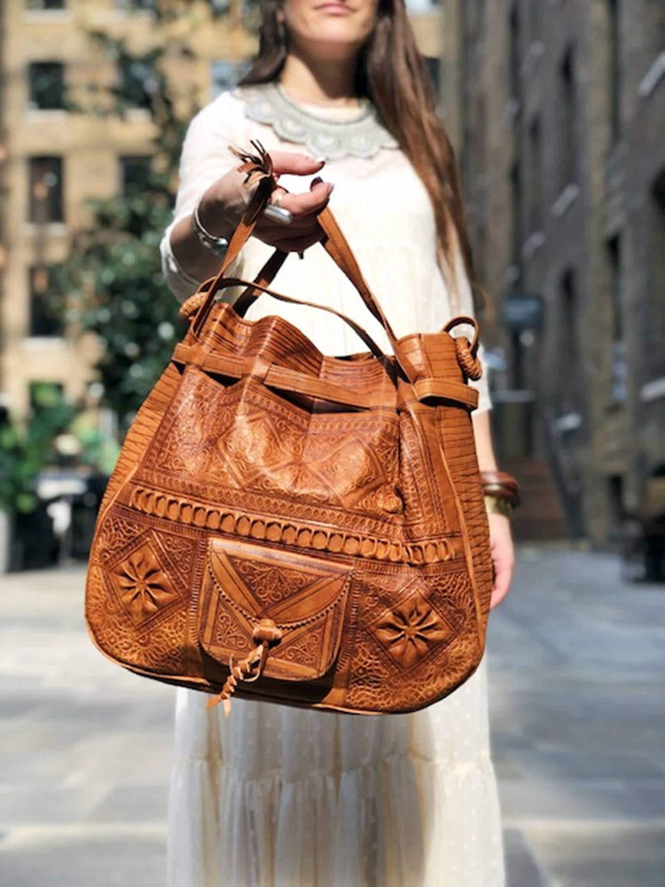 Handmade Tooled Leather Bucket Bag: Moroccan Boho Tote