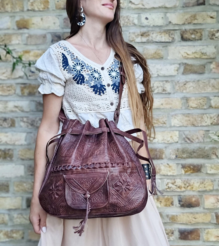 Handmade Tooled Leather Bucket Bag: Moroccan Boho Tote