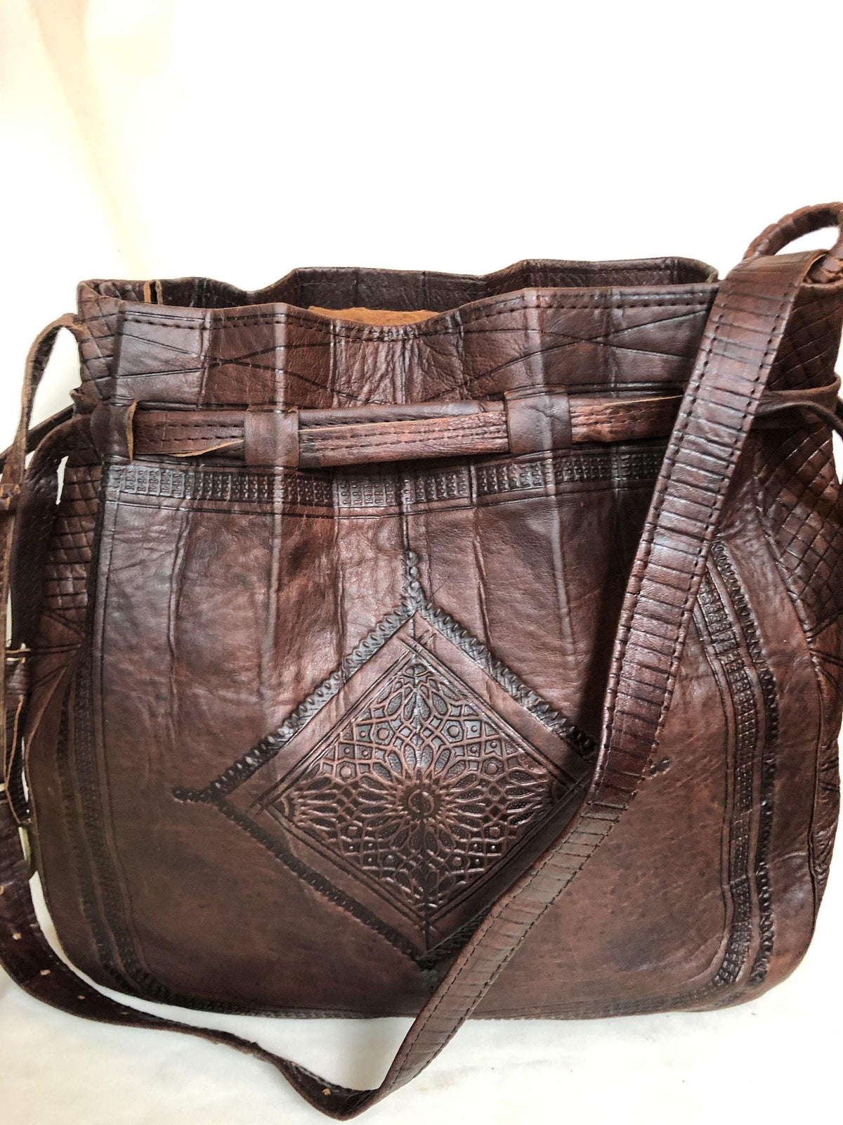 Handmade Tooled Leather Bucket Bag: Moroccan Boho Tote