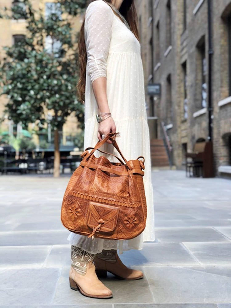 Handmade Tooled Leather Bucket Bag: Moroccan Boho Tote