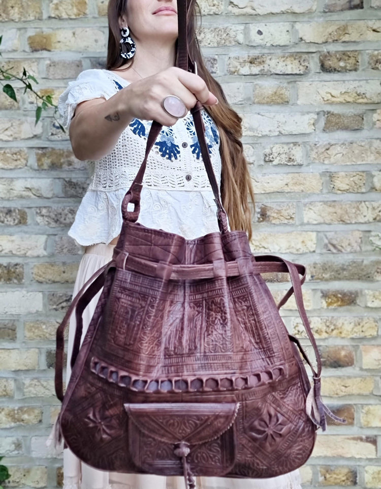 Handmade Tooled Leather Bucket Bag: Moroccan Boho Tote