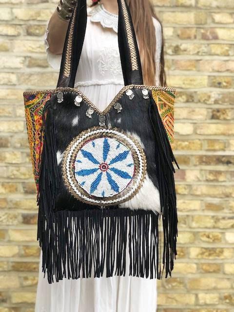 Cowhide Leather Tote Bag, Western Leather Shoulder Bag, Cowgirl Purse, Hair On Hide Handbag, Large Leather Shopper, Boho Festival Tote
