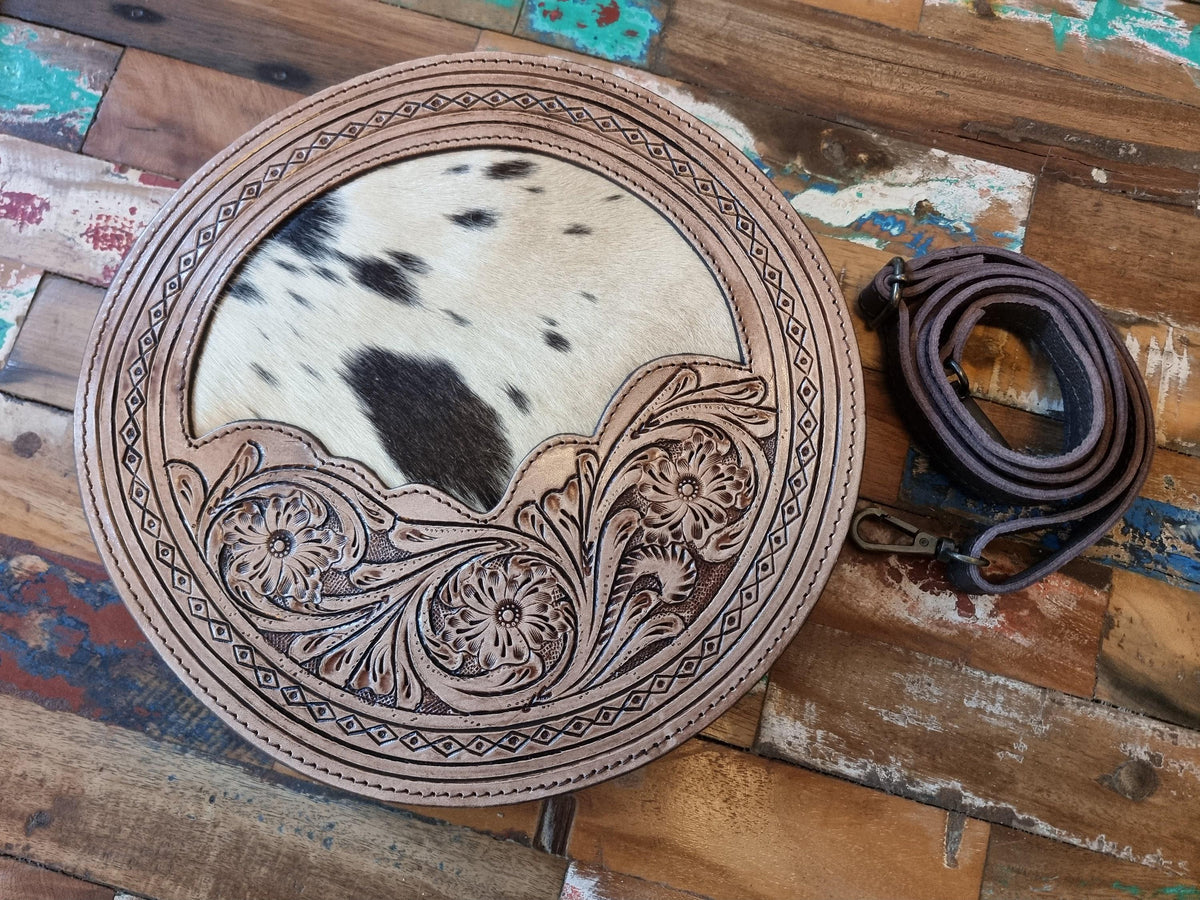 Hand tooled small cowhide leather bag - rustic western chic purse