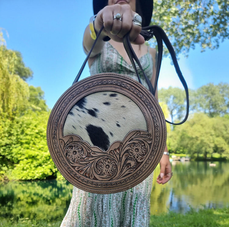 Hand tooled small cowhide leather bag - rustic western chic purse