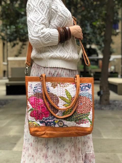 Handmade Leather Floral Hobo Bag: Vintage Boho Tapestry Tote