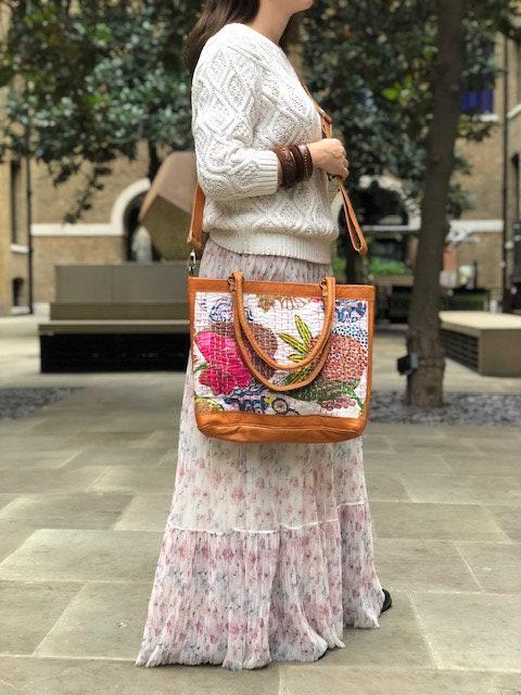 Handmade Leather Floral Hobo Bag: Vintage Boho Tapestry Tote