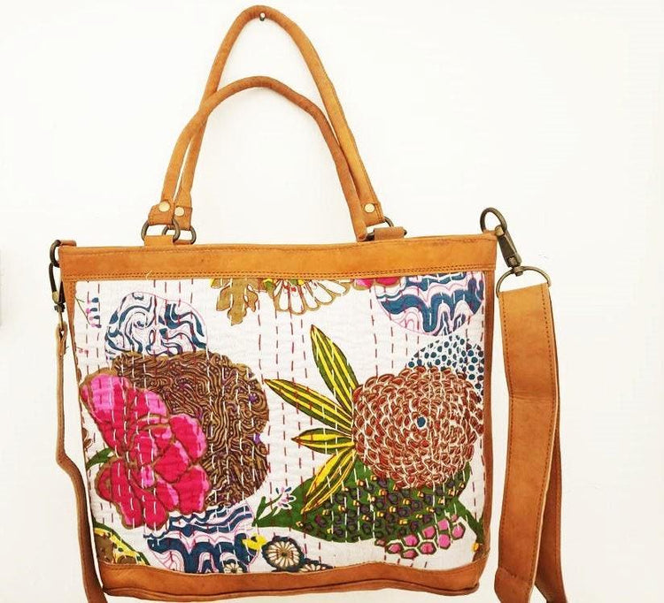 Handmade Leather Floral Hobo Bag: Vintage Boho Tapestry Tote