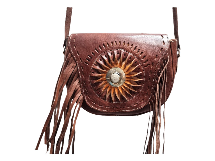 Vintage Tooled Leather Fringe Bag: Western Sunflower Satchel