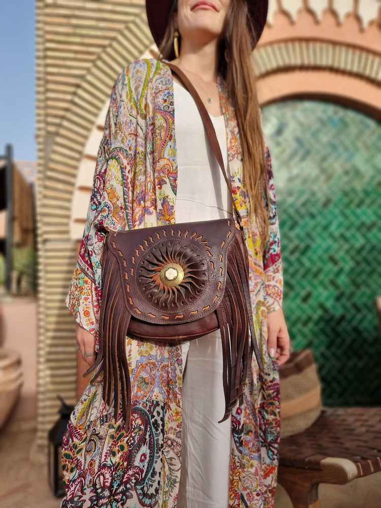 Vintage Tooled Leather Fringe Bag: Western Sunflower Satchel