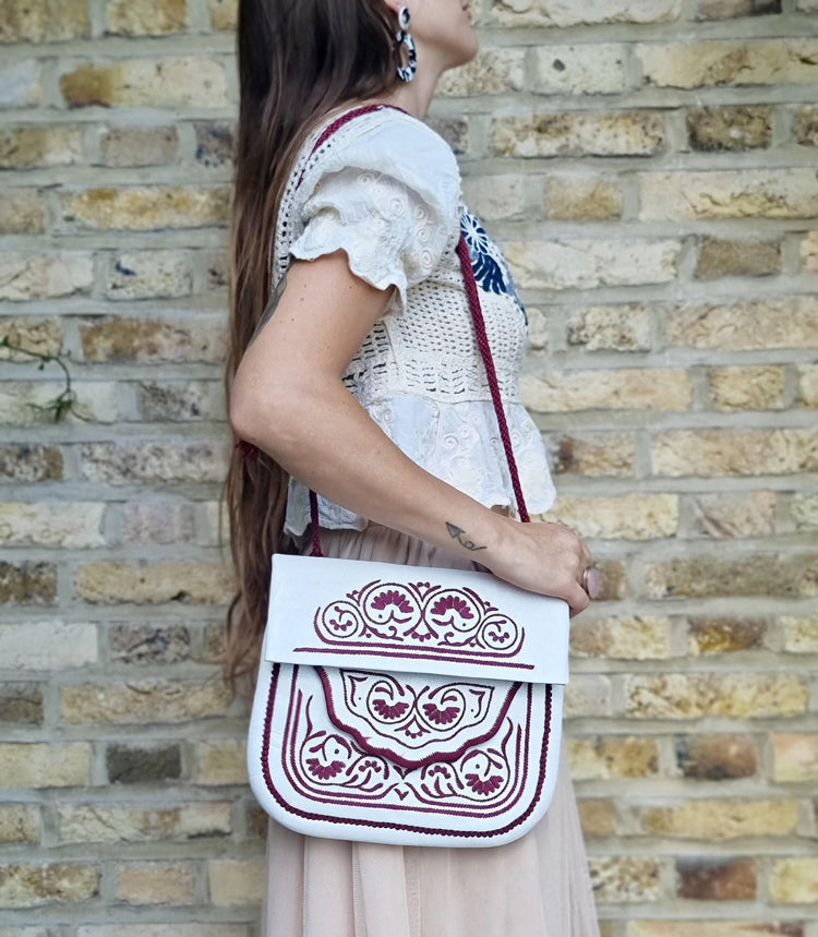 Embroidered Leather Crossbody Bag: Berber Tribal Handbag