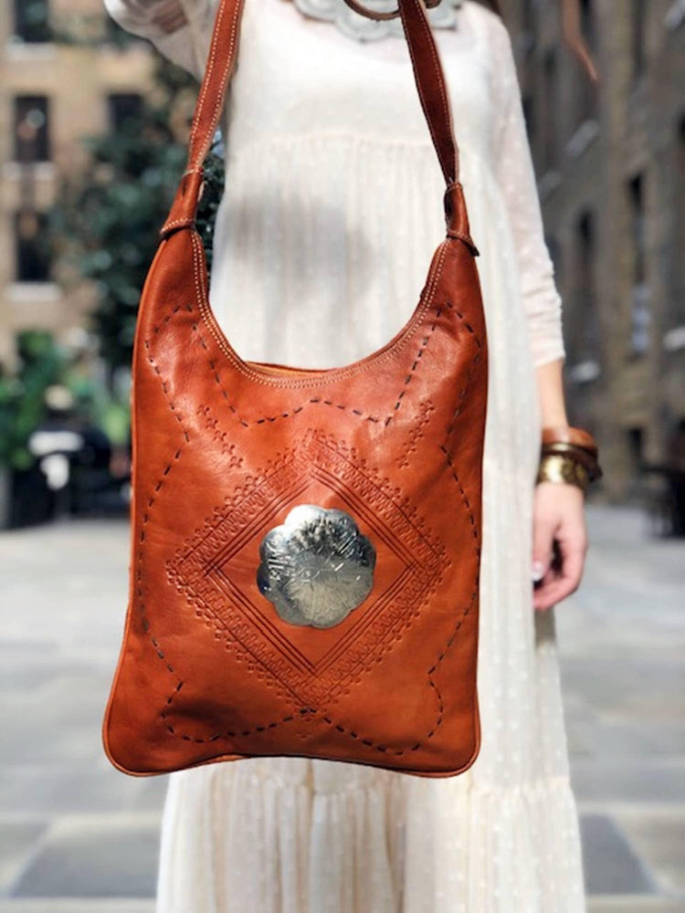 Hand Tooled Leather Tote Bag: Berber Tribal Design, Crossbody Purse