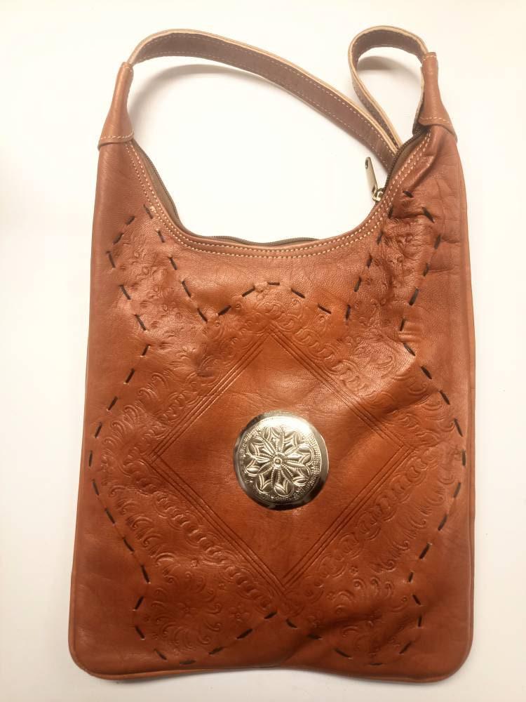 Hand Tooled Leather Tote Bag: Berber Tribal Design, Crossbody Purse