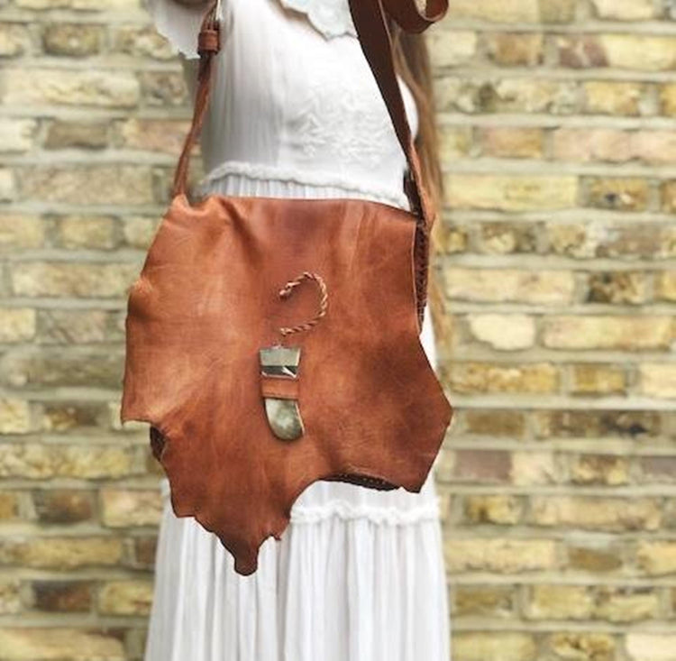 Moroccan Leather Crossbody Bag: Boho Tribal Purse with Horn Toggle