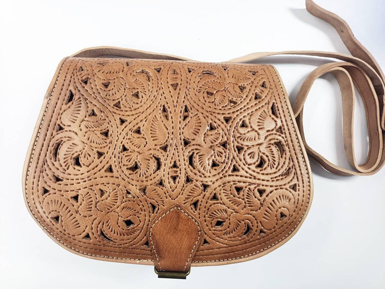 Cut Out Leather Crossbody Bag – Moroccan Floral Tooled Boho Saddle Purse