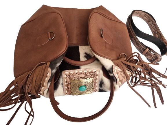 Western Cowhide Leather Weekender Bag / Fringe Duffle Travel Holdall Turquoise Boho Overnight Luggage
