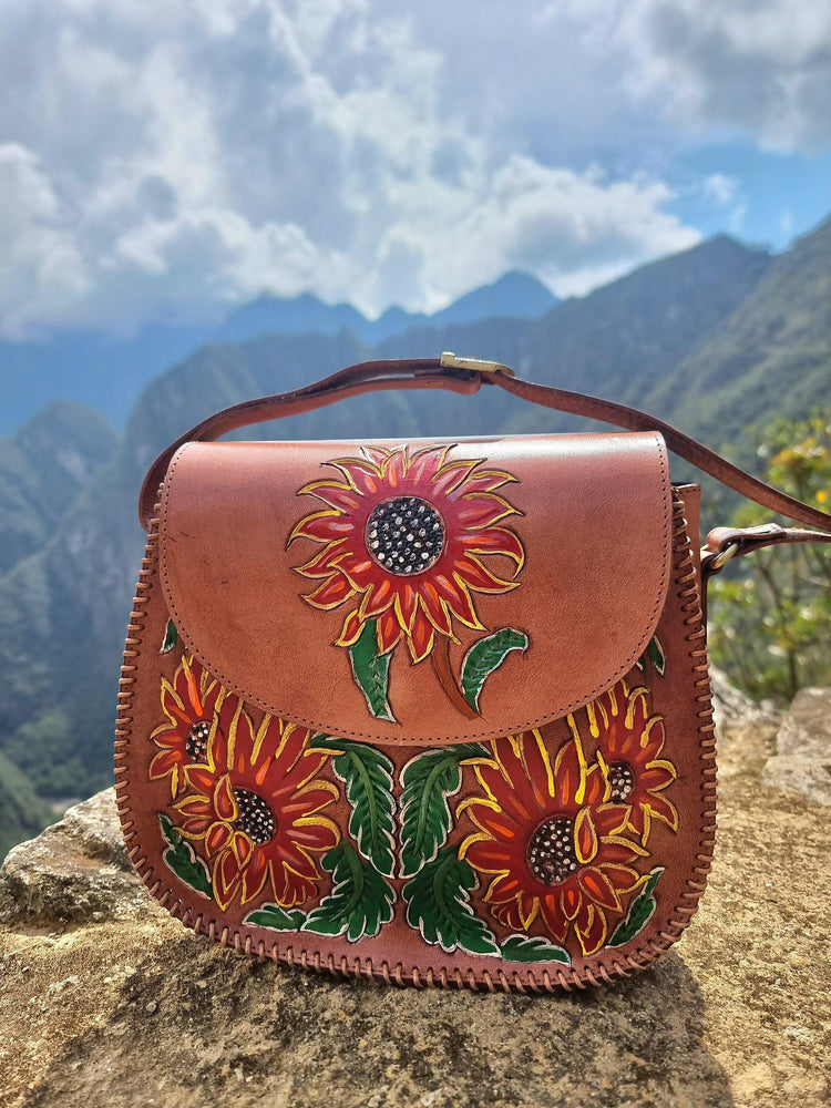 Hand Tooled Leather Sunflower Bag: Vintage Hippie Crossbody Purse