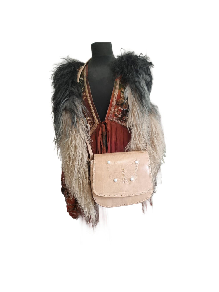 Handmade Leather Butterfly Crossbody Bag: Western Satchel with White Stones