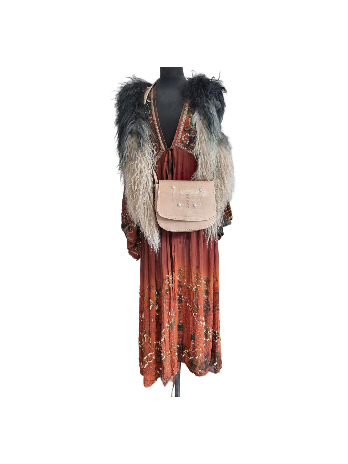 Handmade Leather Butterfly Crossbody Bag: Western Satchel with White Stones