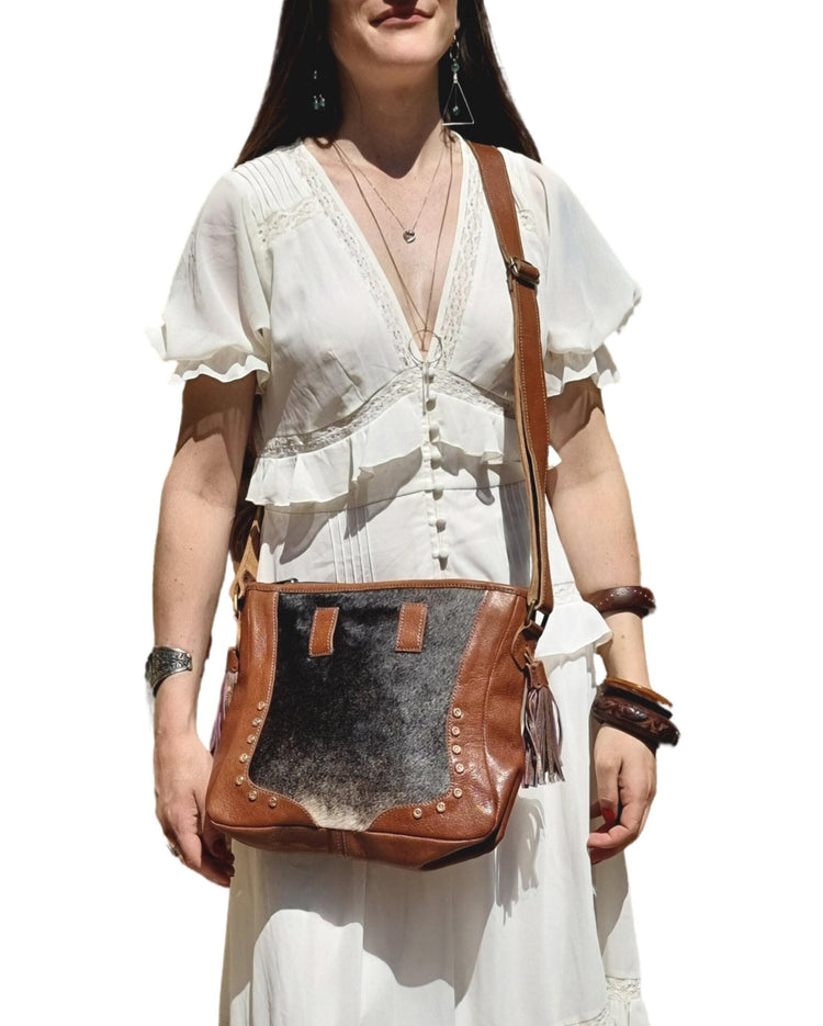 Cowhide Leather Crossbody Bag, Western Hair On Hide Purse, Boho Leather Satchel, Handmade Native Style Shoulder Tote