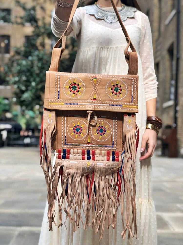 Extra Large Boho Fringe Leather Bag / Tribal Tassel Shoulder Tote Embroidered Hippie Handbag