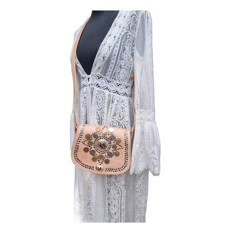 Small Leather Saddle Bag, Boho Crossbody Bag, Moroccan Berber Hippie Purse with Coins