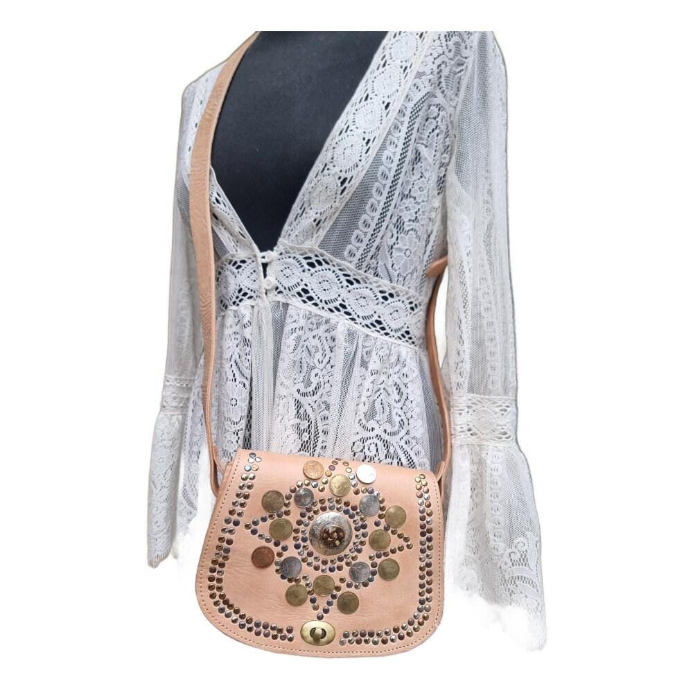 Small Leather Saddle Bag, Boho Crossbody Bag, Moroccan Berber Hippie Purse with Coins