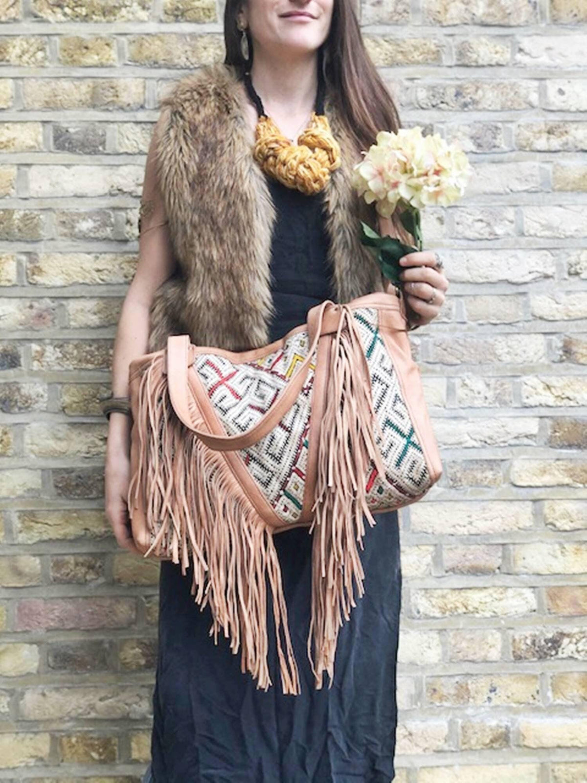 Kilim Leather Tassel Bag: Boho Fringe Purse, Moroccan Design