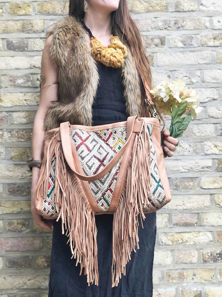 Kilim Leather Tassel Bag: Boho Fringe Purse, Moroccan Design