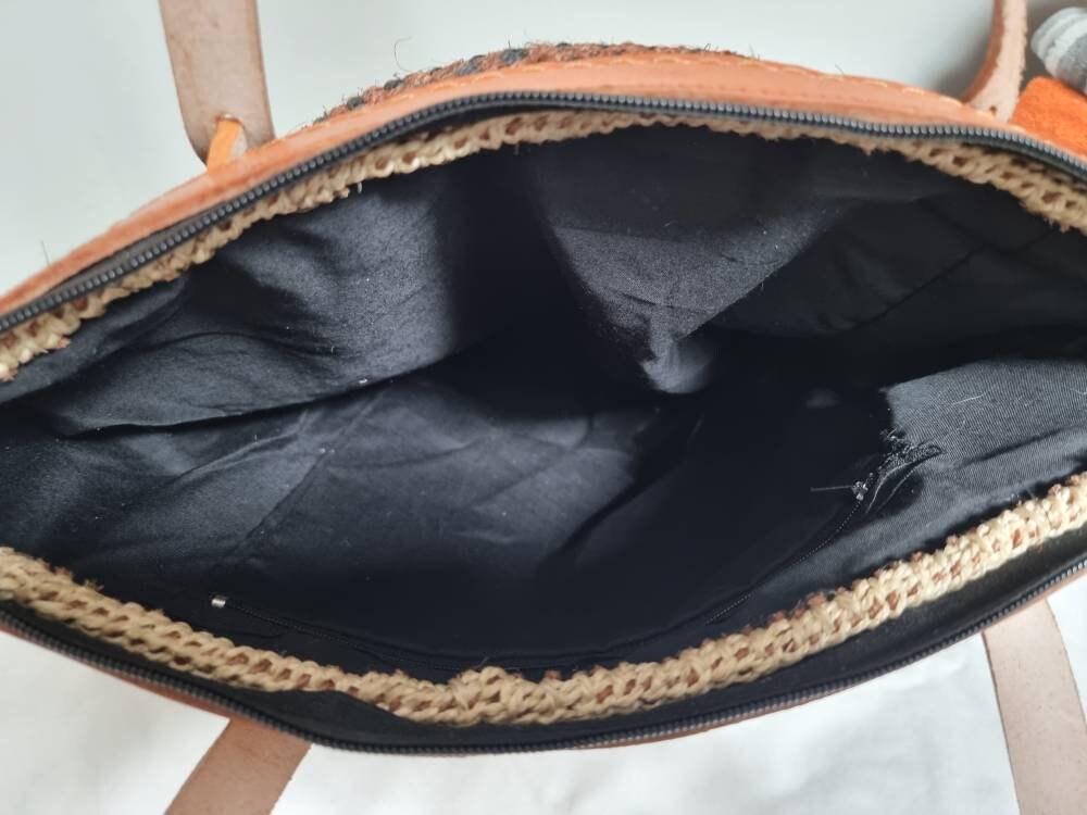 Vintage Sisal Bucket Bag: Leather Tote Bag, Boho Shoulder Purse