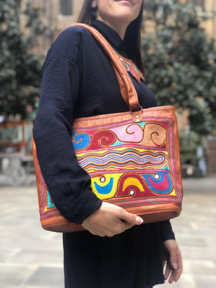 Hand Embroidered Leather Shoulder Bag: Multicoloured Boho Tote