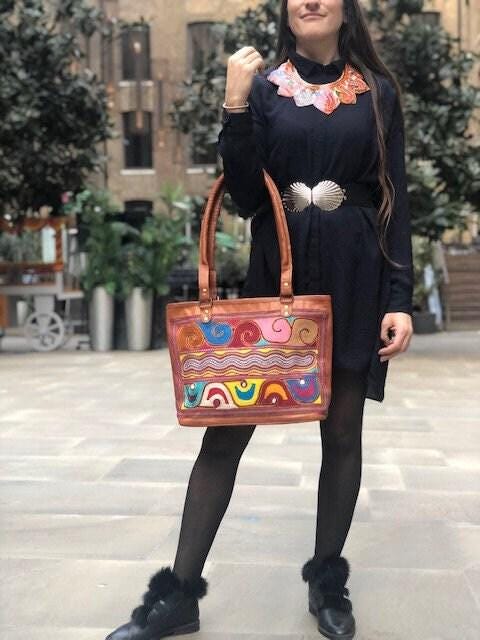Hand Embroidered Leather Shoulder Bag: Multicoloured Boho Tote