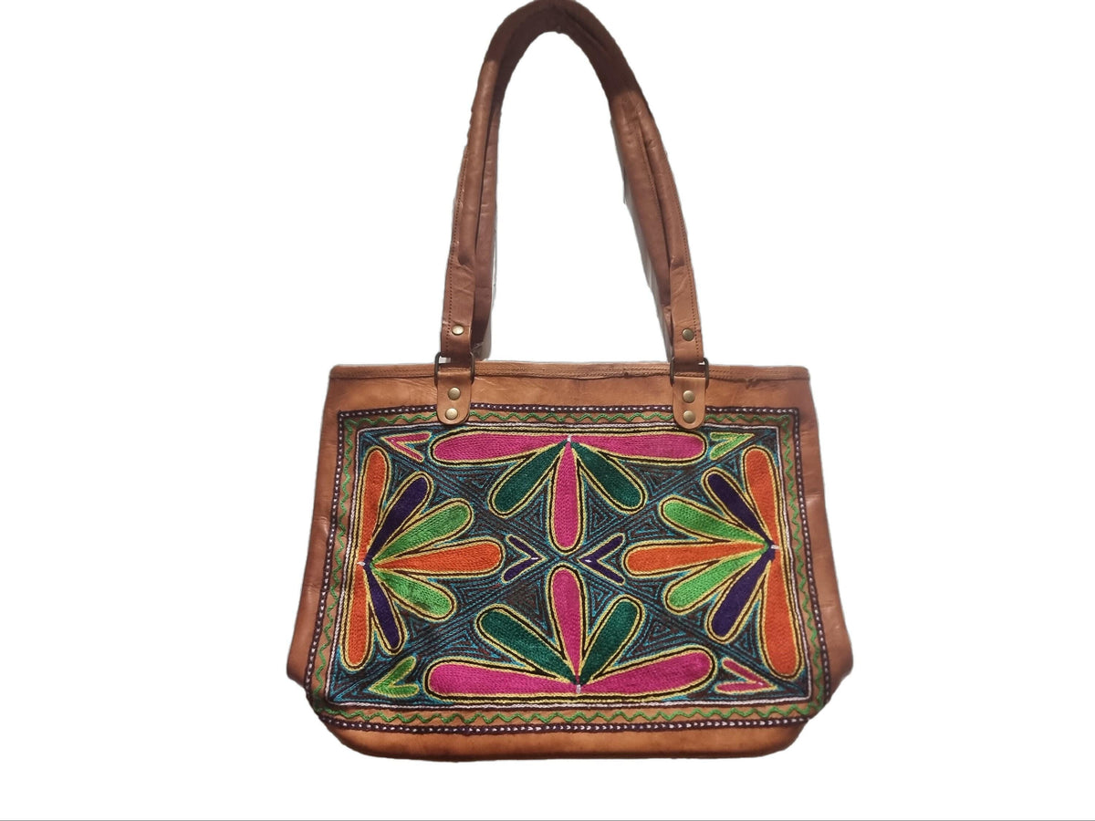 Hand Embroidered Leather Shoulder Bag: Multicoloured Boho Tote