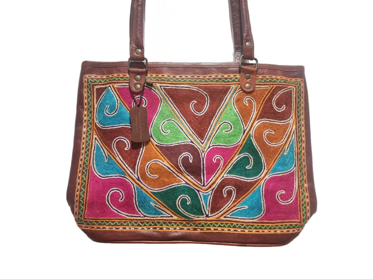 Hand Embroidered Leather Shoulder Bag: Multicoloured Boho Tote