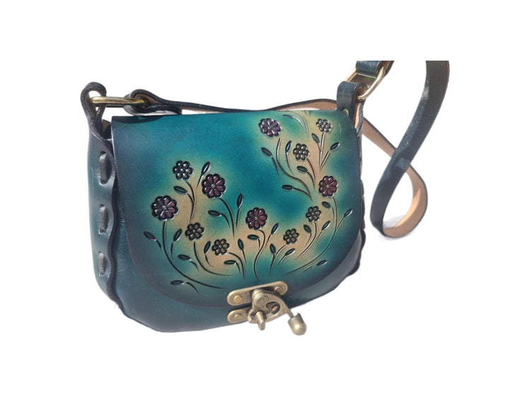 Hand Tooled Turquoise Leather Saddle Bag: Embossed Floral Cottagecore Purse