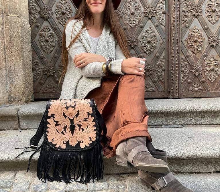 Handcrafted floral tooled leather bag with fringe - boho chic style