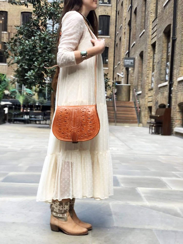 Moroccan Leather Crossbody Bag Floral Cut Out Boho Purse Handmade Berber Shoulder Bag Tan Brown Festival Satchel