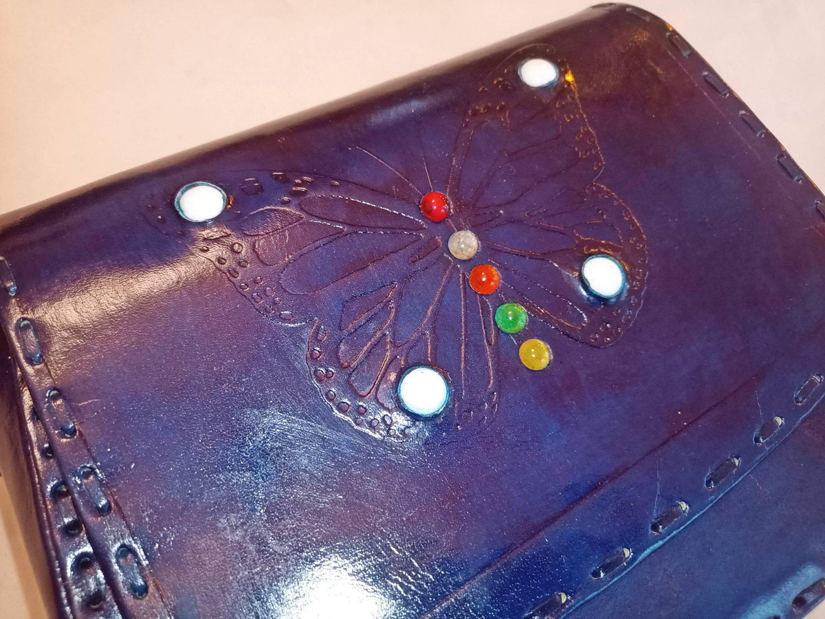 Handmade Leather Butterfly Bag: Gemstone Wings, Vintage Satchel