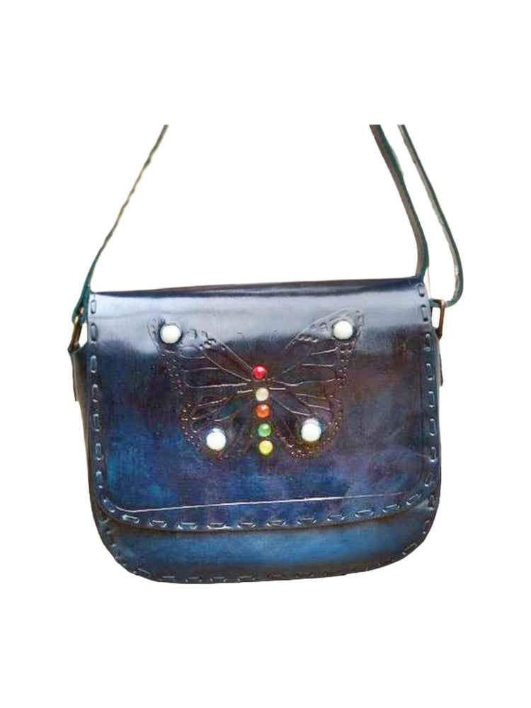 Handmade Leather Butterfly Bag: Gemstone Wings, Vintage Satchel
