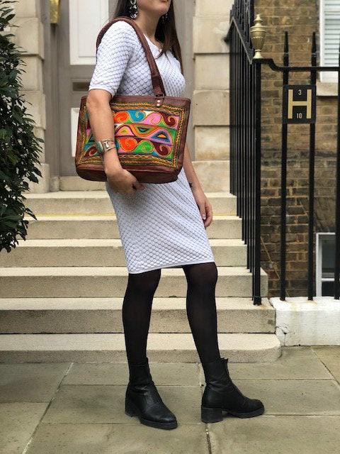 Large unique embroidered leather tote bag - artisan crafted statement purse