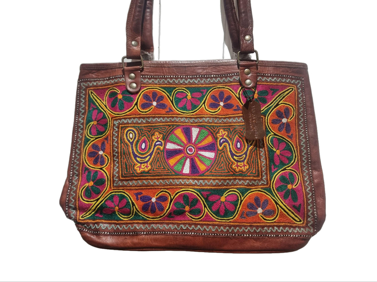 Large unique embroidered leather tote bag - artisan crafted statement purse
