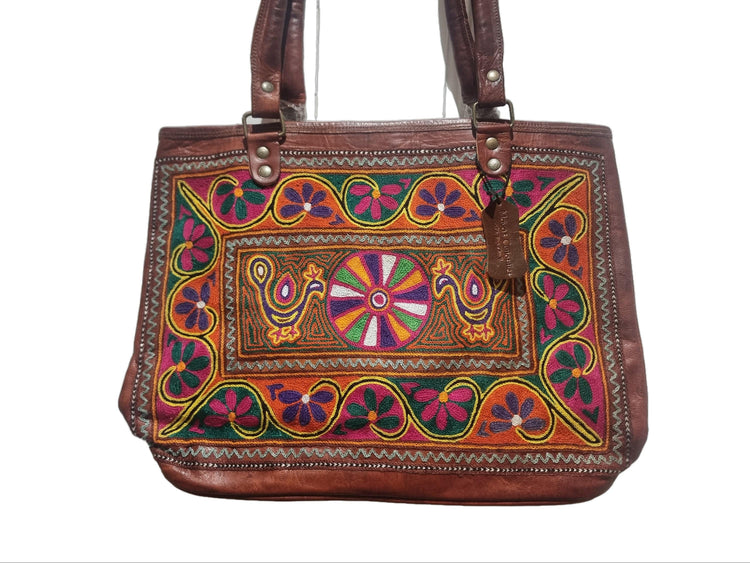 Large unique embroidered leather tote bag - artisan crafted statement purse