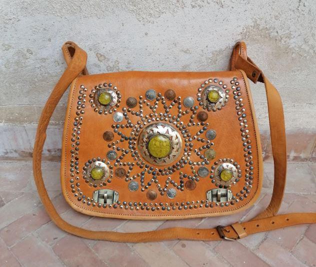 Boho leather bag gypsy coins, vintage leather purse stone, hippie crossbody bag women, genuine leather satchel, moroccan berber, festival