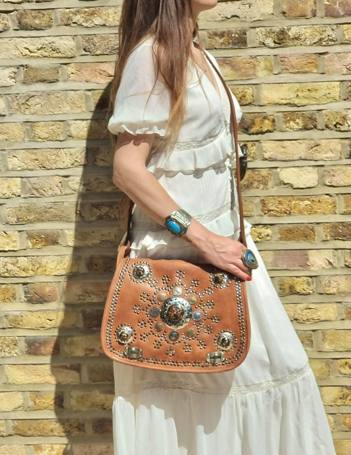 Boho leather bag gypsy coins, vintage leather purse stone, hippie crossbody bag women, genuine leather satchel, moroccan berber, festival