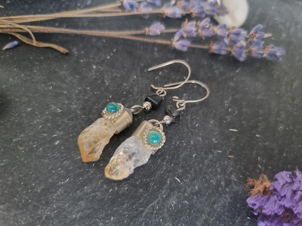 Raw Crystal Gemstone Drop Earrings – Citrine, Jade & Black Onyx Boho Silver Tone Minimalist Earrings, Bohemian Vintage Style Jewelry Gift