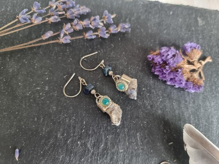 Raw Blue Quartz Earrings: Onyx & Jade, Silver Tone Boho Jewelry