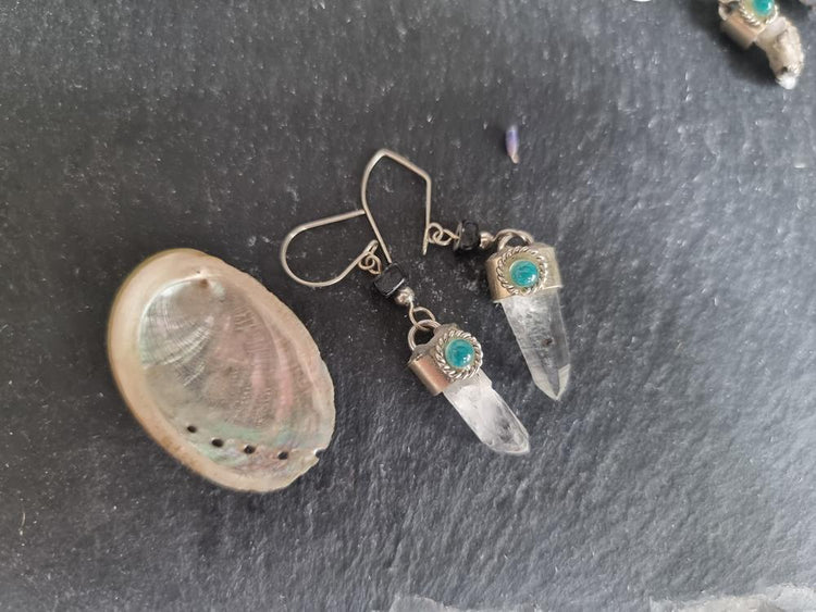 Raw Quartz Crystal Drop Earrings: Onyx & Jade Boho Jewelry