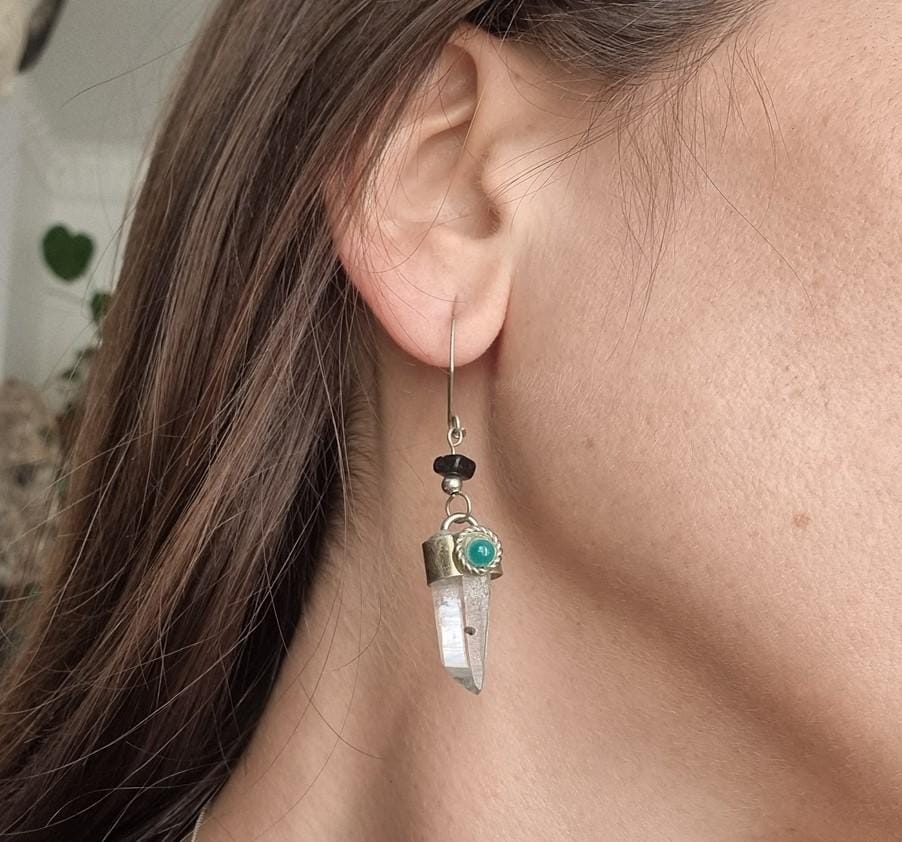Raw Quartz Crystal Drop Earrings: Onyx & Jade Boho Jewelry