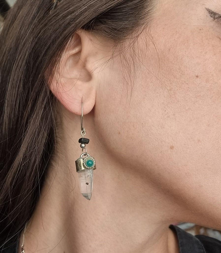 Raw Quartz Crystal Drop Earrings: Onyx & Jade Boho Jewelry