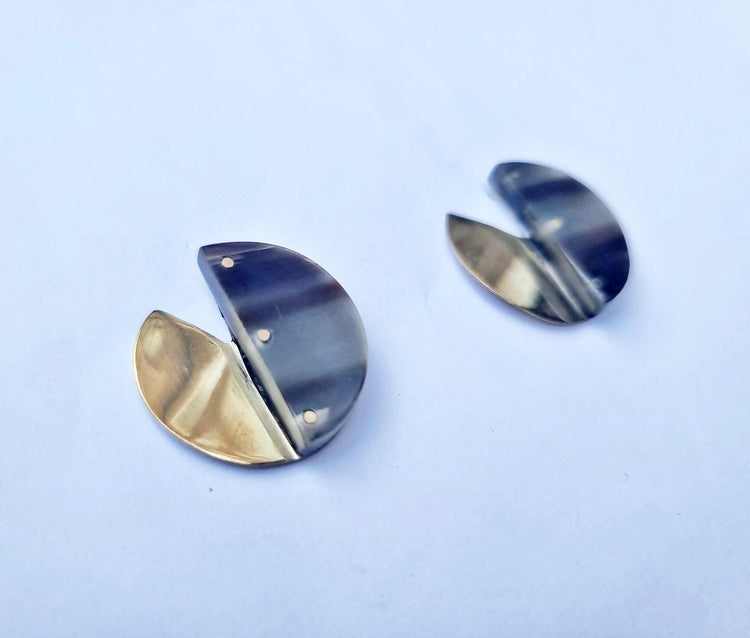 Handmade Boho Art Deco Circle Stud Earrings – Recycled Horn & Gold Brass Ethnic Jewelry, Elegant Geometric Statement Earrings, Gift for Her