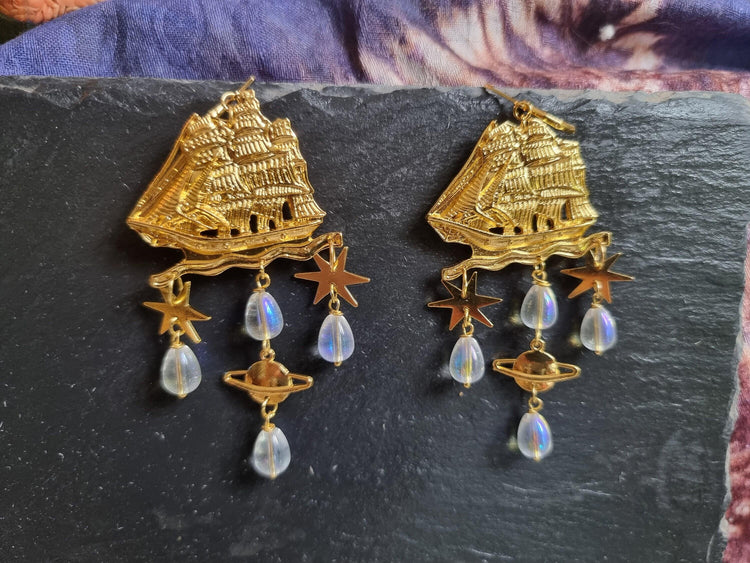 Nautical Ship Earrings with Saturn Planet & Stars – Boho Statement Dangle Earrings, Celestial Travel Jewelry, Gift for Her